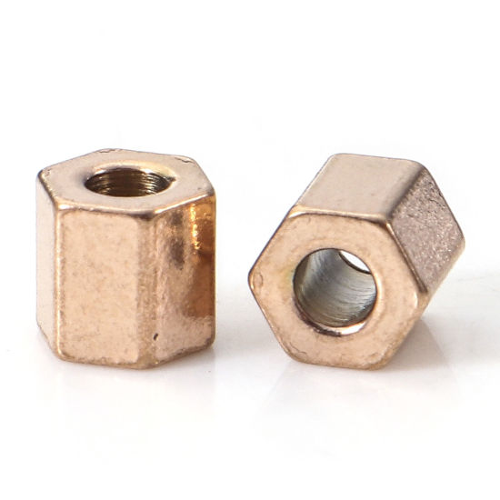 Imagen de Recubrimiento al Vacío PVD Ecológico 304 Acero Inoxidable Cuentas para la Fabricación de Joyas con Dijes de Bricolaje Prisma Hexagonal Oro Rosa 4mm x 4mm, Agujero: Aprox 1.8mm, 10 Unidades