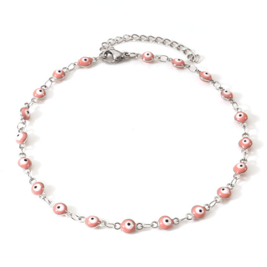 Picture of Eco-friendly 304 Stainless Steel Religious Link Chain Anklet Silver Tone Pink Enamel Evil Eye 24cm(9 4/8") long, 1 Piece