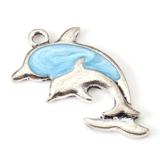 Picture of Zinc Based Alloy Ocean Jewelry Charms Antique Silver Color Blue Dolphin Animal Enamel 28mm x 16mm, 10 PCs