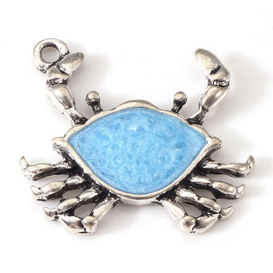Picture of Zinc Based Alloy Ocean Jewelry Charms Antique Silver Color Blue Crab Animal Enamel 23.5mm x 21mm, 10 PCs