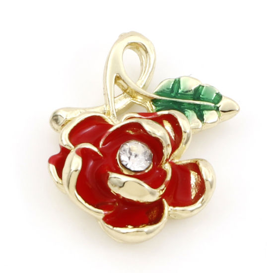 Image de Breloques La Saint Valentin en Alliage de Zinc Rose Doré Rouge à Strass Transparent Émail 19mm x 15mm, 10 Pcs