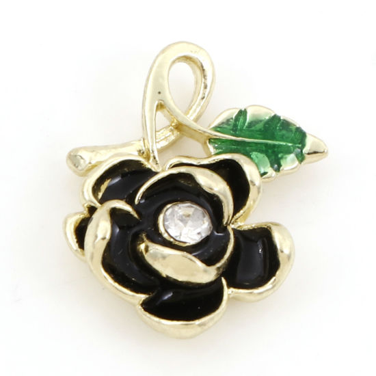 Image de Breloques La Saint Valentin en Alliage de Zinc Rose Doré Noir à Strass Transparent Émail 19mm x 15mm, 10 Pcs
