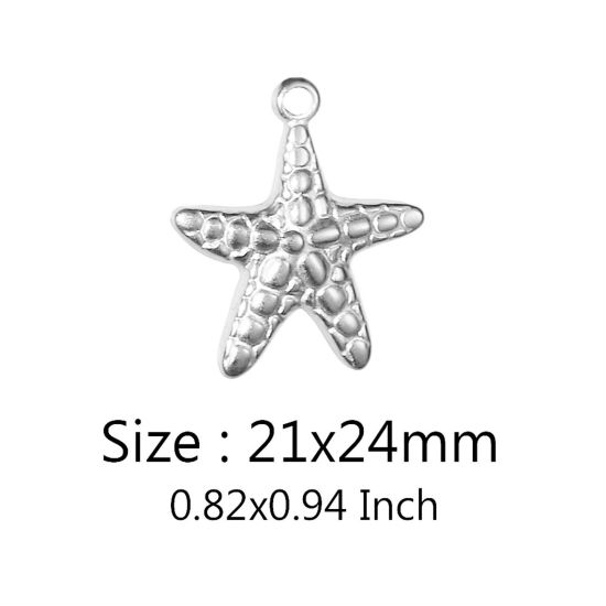 Изображение Экологичный 304 Нержавеющая Сталь Морские Украшения Подвески Морская Звезда Серебряный Тон Текстура 21мм x 24мм, 2 ШТ