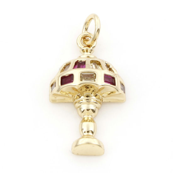 Picture of Brass Micro Pave Charms 18K Real Gold Plated Table Lamp Clear & Red Cubic Zirconia 25mm x 12mm, 1 Piece