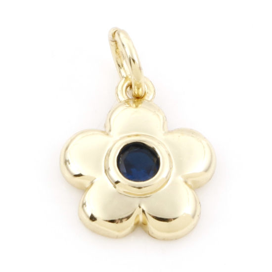 Picture of Brass Charms 18K Real Gold Plated Flower Deep Blue Cubic Zirconia 15.5mm x 10.5mm, 1 Piece