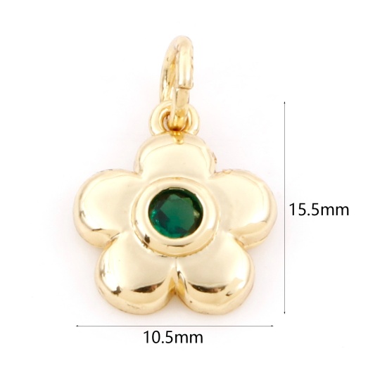 Picture of Brass Charms 18K Real Gold Plated Flower Dark Green Cubic Zirconia 15.5mm x 10.5mm, 1 Piece