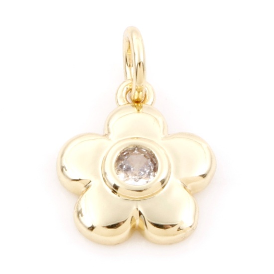 Picture of Brass Charms 18K Real Gold Plated Flower Clear Cubic Zirconia 15.5mm x 10.5mm, 1 Piece