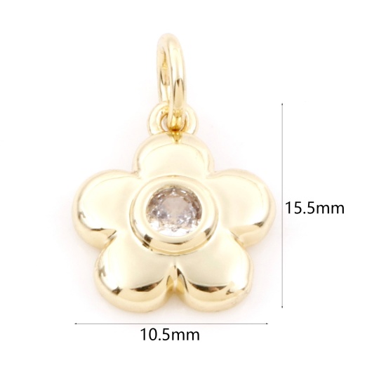 Picture of Brass Charms 18K Real Gold Plated Flower Clear Cubic Zirconia 15.5mm x 10.5mm, 1 Piece