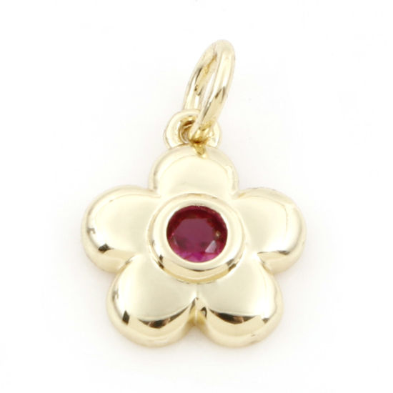 Picture of Brass Charms 18K Real Gold Plated Flower Fuchsia Cubic Zirconia 15.5mm x 10.5mm, 1 Piece