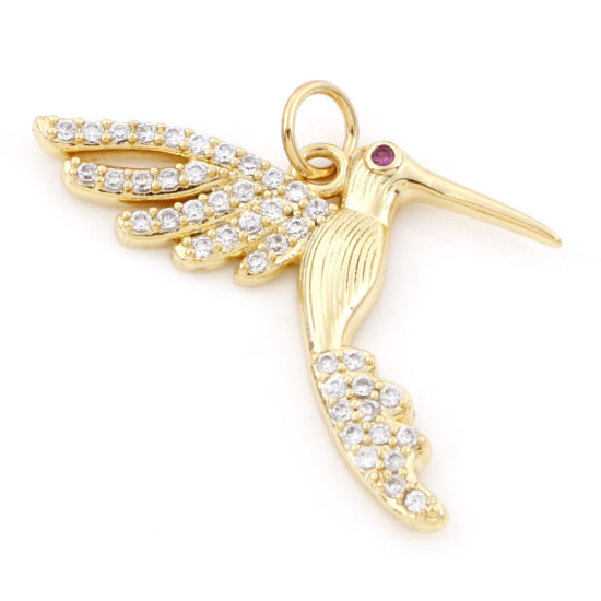 Immagine di Ottone Micro Intarsio Charms Colibrì 18K Vero Oro Placcato Trasparente & Rosso Cubic Zirconiae 26mm x 25mm, 1 Pz