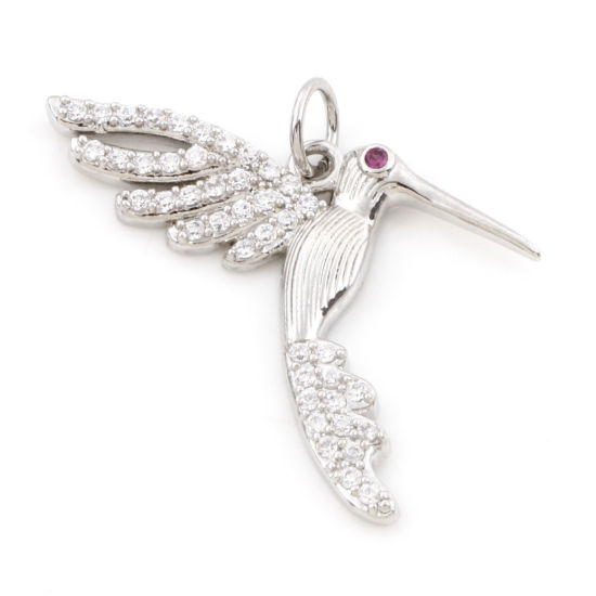 Immagine di Ottone Micro Intarsio Charms Colibrì Vero Platino Placcato Trasparente & Rosso Cubic Zirconiae 26mm x 25mm, 1 Pz