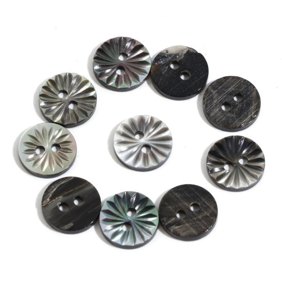 天然 貝殻 シェル 縫製ボタン 円形 黒 花 2つ穴 11mm 直径、 5 個 の画像