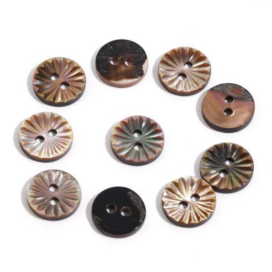 天然 貝殻 シェル 縫製ボタン 円形 コーヒー色 花 2つ穴 11mm 直径、 5 個 の画像