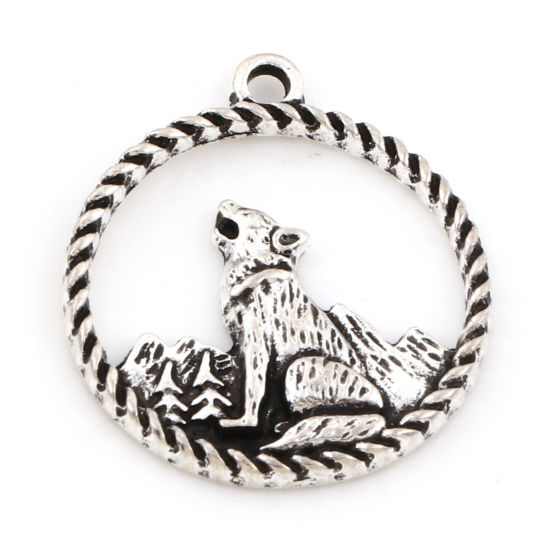 Picture of Zinc Based Alloy Charms Antique Silver Color Round Wolf 24mm x 21mm, 10 PCs