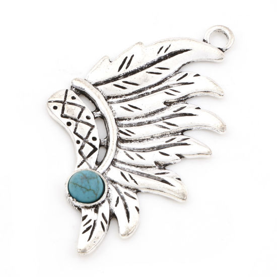 Picture of Zinc Based Alloy Boho Chic Bohemia Pendants Antique Silver Color Indian Chief Imitation Turquoise 5.6cm x 3.2cm, 5 PCs