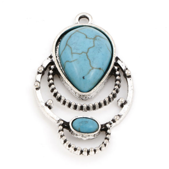 Picture of Zinc Based Alloy Boho Chic Bohemia Pendants Antique Silver Color Drop Imitation Turquoise 3.8cm x 2.3cm, 5 PCs