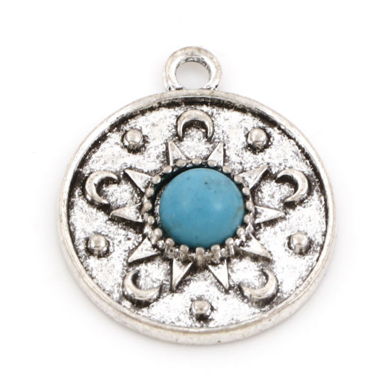 Picture of Zinc Based Alloy Boho Chic Bohemia Pendants Antique Silver Color Sun Moon Imitation Turquoise 23mm x 19.5mm, 5 PCs