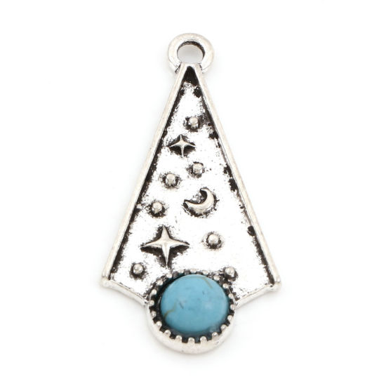 Picture of Zinc Based Alloy Boho Chic Bohemia Pendants Antique Silver Color Triangle Star And Crescent Imitation Turquoise 3.3cm x 1.6cm, 5 PCs