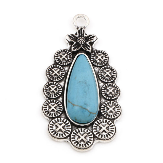 Picture of Zinc Based Alloy Boho Chic Bohemia Pendants Antique Silver Color Drop Carved Pattern Imitation Turquoise 4.9cm x 2.6cm, 5 PCs