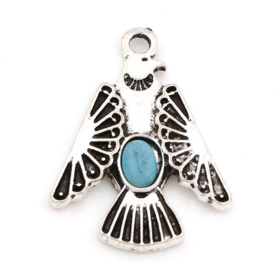 Picture of Zinc Based Alloy Boho Chic Bohemia Pendants Antique Silver Color Eagle Animal Imitation Turquoise 28mm x 20mm, 5 PCs