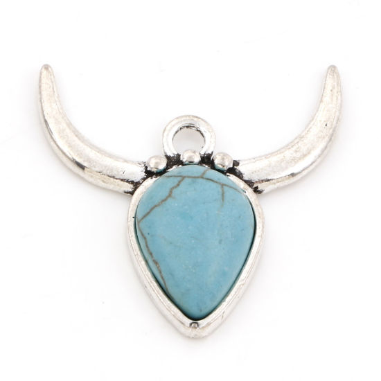 Picture of Zinc Based Alloy Boho Chic Bohemia Pendants Antique Silver Color Horn-shaped Imitation Turquoise 26mm x 26mm, 5 PCs