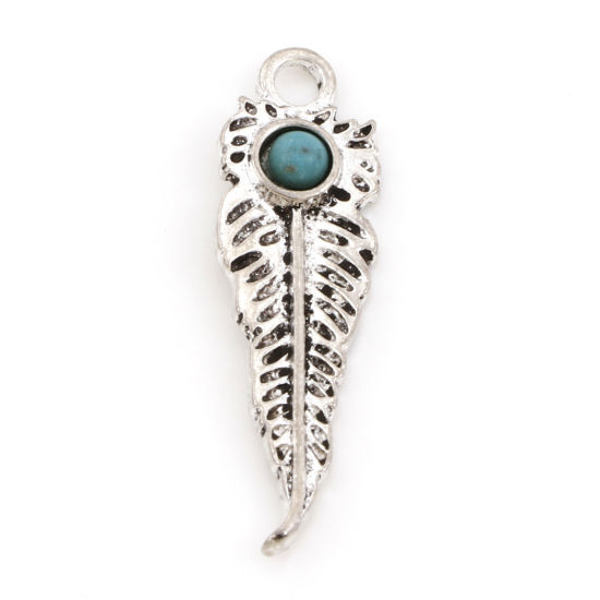Picture of Zinc Based Alloy Boho Chic Bohemia Pendants Antique Silver Color Feather Imitation Turquoise 29mm x 8.5mm, 5 PCs