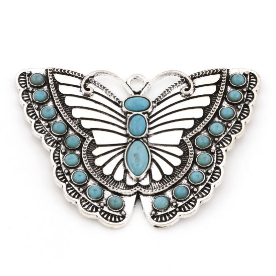 Immagine di Lega di Zinco Stile Bohemien Ciondoli Farfalla Argento Antico Turchese Imitato 6cm x 4.3cm , 2 Pz