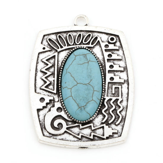 Immagine di Lega di Zinco Stile Bohemien Ciondoli Rettangolo Argento Antico Intagliato Turchese Imitato 5.4cm x 3.9cm , 2 Pz
