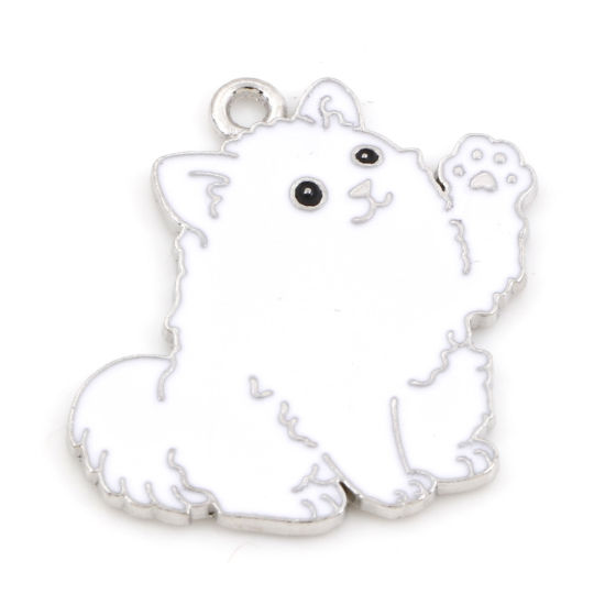 Picture of Zinc Based Alloy Cute Charms Silver Tone White Dog Animal Enamel 27mm x 27mm, 10 PCs