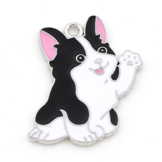 Picture of Zinc Based Alloy Cute Charms Silver Tone Black & White Dog Animal Enamel 27mm x 26mm, 10 PCs