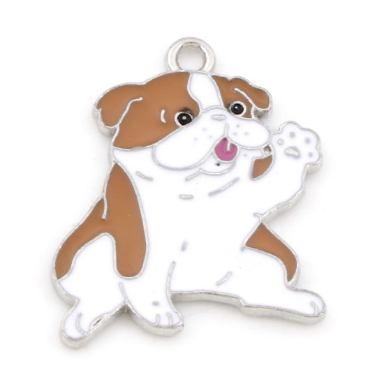 Picture of Zinc Based Alloy Cute Charms Silver Tone White & Light brown Dog Animal Enamel 25mm x 21mm, 10 PCs