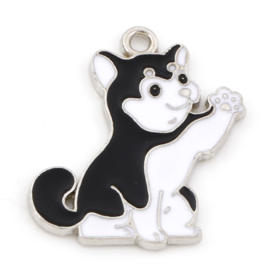 Picture of Zinc Based Alloy Cute Charms Silver Tone Black & White Dog Animal Enamel 26mm x 23mm, 10 PCs