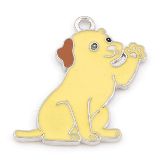 Picture of Zinc Based Alloy Cute Charms Silver Tone Yellow Dog Animal Enamel 27mm x 25mm, 10 PCs