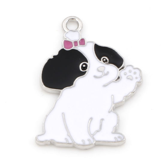 Picture of Zinc Based Alloy Cute Charms Silver Tone Black & White Dog Animal Enamel 27mm x 20mm, 10 PCs