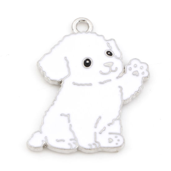 Picture of Zinc Based Alloy Cute Charms Silver Tone White Dog Animal Enamel 27mm x 22mm, 10 PCs