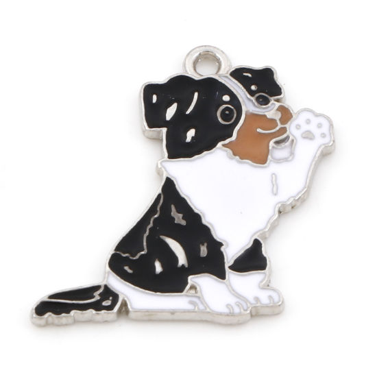 Picture of Zinc Based Alloy Cute Charms Silver Tone Black & White Dog Animal Enamel 26mm x 26mm, 10 PCs