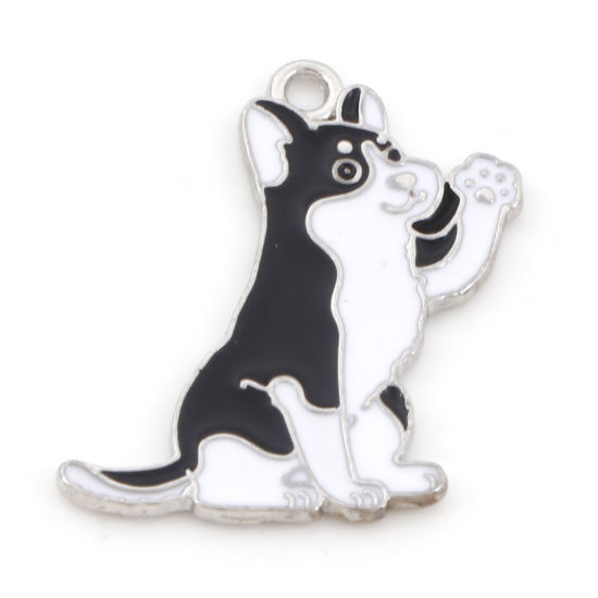 Picture of Zinc Based Alloy Cute Charms Silver Tone Black & White Dog Animal Enamel 26mm x 24mm, 10 PCs