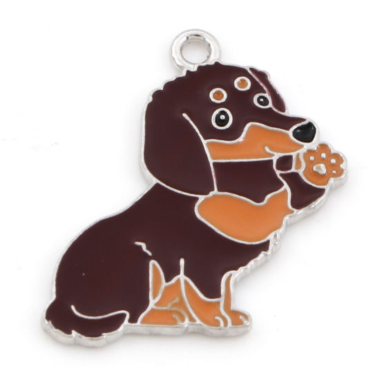 Picture of Zinc Based Alloy Cute Charms Silver Tone Coffee Dog Animal Enamel 26mm x 24mm, 10 PCs