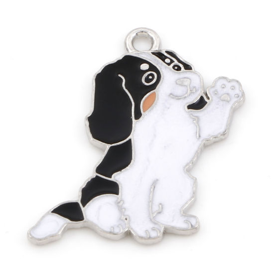 Picture of Zinc Based Alloy Cute Charms Silver Tone Black & White Dog Animal Enamel 26mm x 24mm, 10 PCs