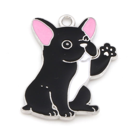 Picture of Zinc Based Alloy Cute Charms Silver Tone Black Dog Animal Enamel 27mm x 20mm, 10 PCs