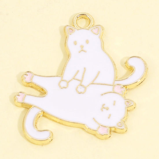 Image de Pendentifs en Alliage de Zinc Chat Or Clair Blanc Émail 3cm x 2.9cm, 5 Pcs