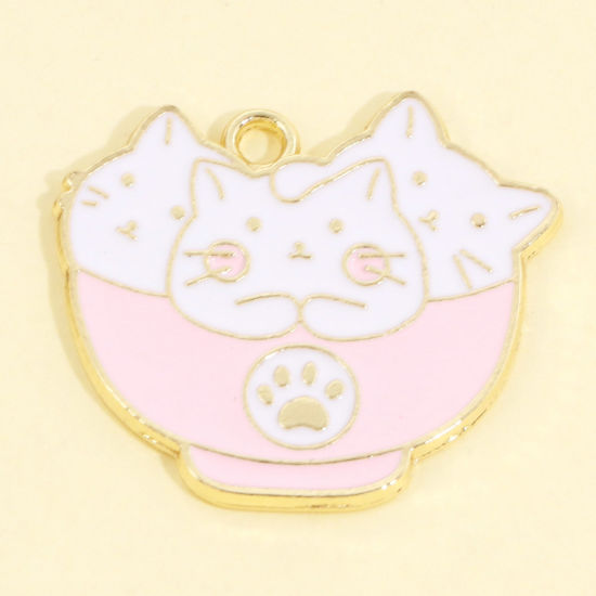 Image de Pendentifs en Alliage de Zinc Chat Or Clair Rose Clair Émail 3cm x 2.8cm, 5 Pcs
