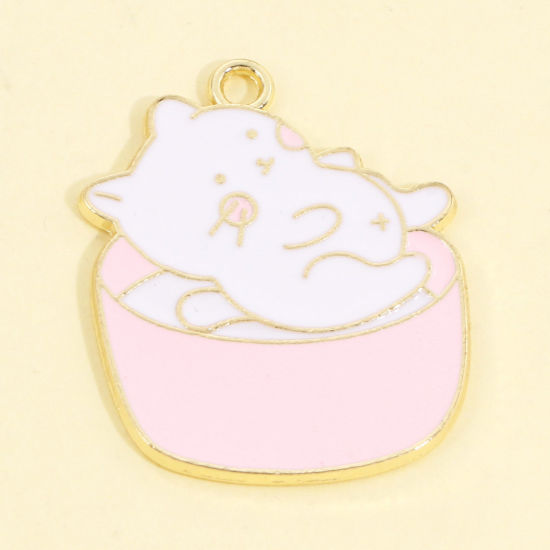 Image de Pendentifs en Alliage de Zinc Chat Or Clair Rose Clair Émail 3.3cm x 2.7cm, 5 Pcs