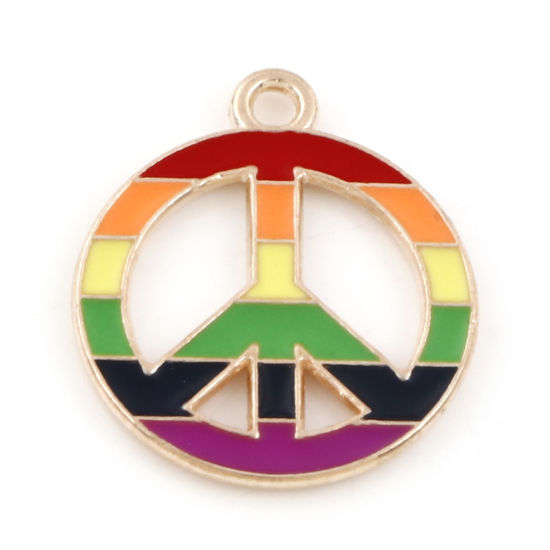 Picture of Zinc Based Alloy Weather Collection Charms Gold Plated Multicolor Peace Symbol Rainbow 21mm x 18mm, 10 PCs