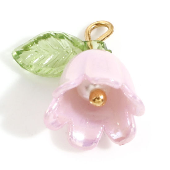 Bild von Zinklegierung + Harz Charms Vergoldet Rosa Blume Blätter Maiglöckchen 3D 14.5mm x 14mm, 10 Stück