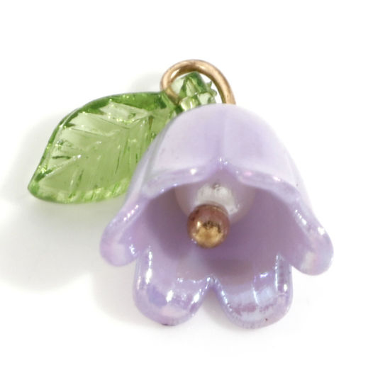 Bild von Zinklegierung + Harz Charms Vergoldet Helllila Blume Blätter Maiglöckchen 3D 14.5mm x 14mm, 10 Stück