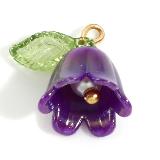 Bild von Zinklegierung + Harz Charms Vergoldet Violett Blume Blätter Maiglöckchen 3D 14.5mm x 14mm, 10 Stück