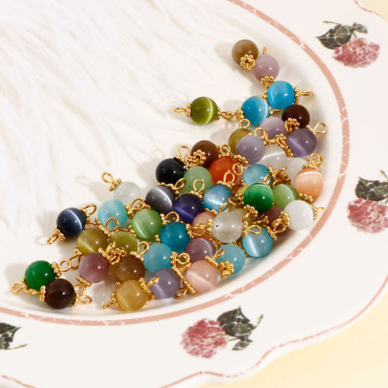 Picture of Imitation Cat's Eye Glass Connectors Charms Pendants Gold Plated At Random Mixed Color Round 17mm x 8mm, 10 PCs