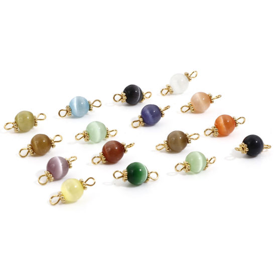 Picture of Imitation Cat's Eye Glass Connectors Charms Pendants Gold Plated At Random Mixed Color Round 17mm x 8mm, 10 PCs