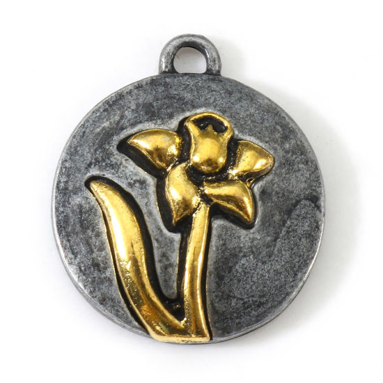 Imagen de Zamak Marzo Flor del Mes de Nacimiento Colgantes Charms Antiguo-estaño Oro antiguo Dos Colores Ronda Narciso 20mm x 17.5mm, 10 Unidades